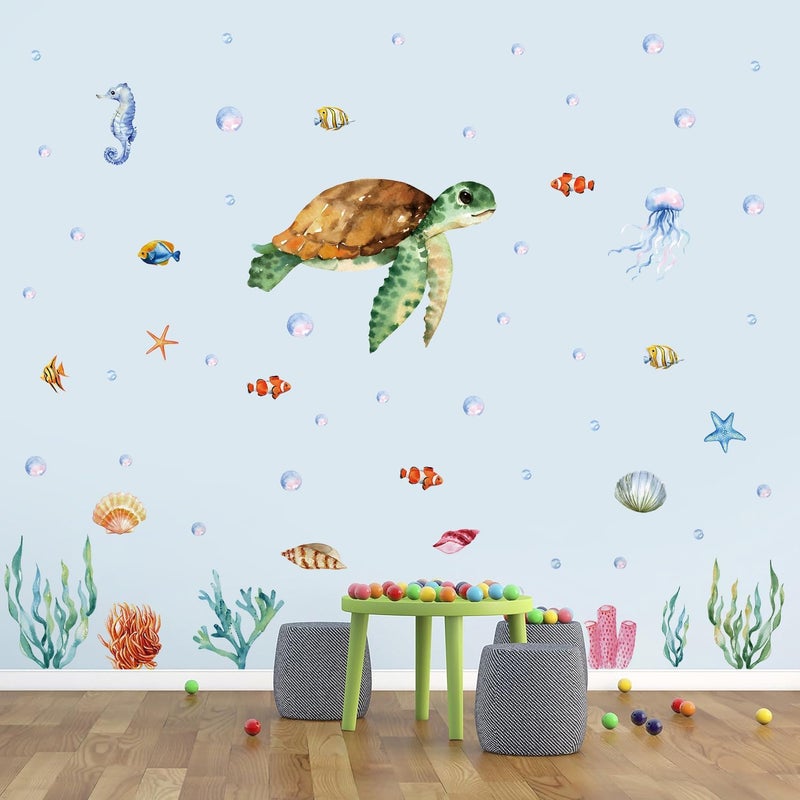 Kasubeso Large Summer Ocean Window Clings Decals, Watercolor Sea Turtle Jellyfish Bubbles Wall Stickers, Peel and Stick Ocean Anmial Wall Decor for Bedroom Bathroom Window School Nursery Decoration - Image 5